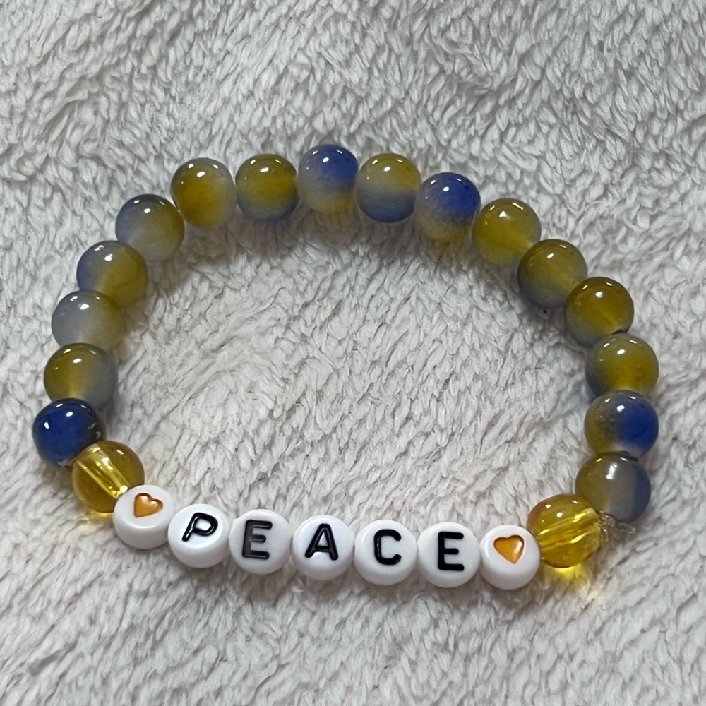 Handmade Blue & Yellow “Peace” for Ukraine Inspired Beaded Bracelet, Size 7” - Picture 3 of 3